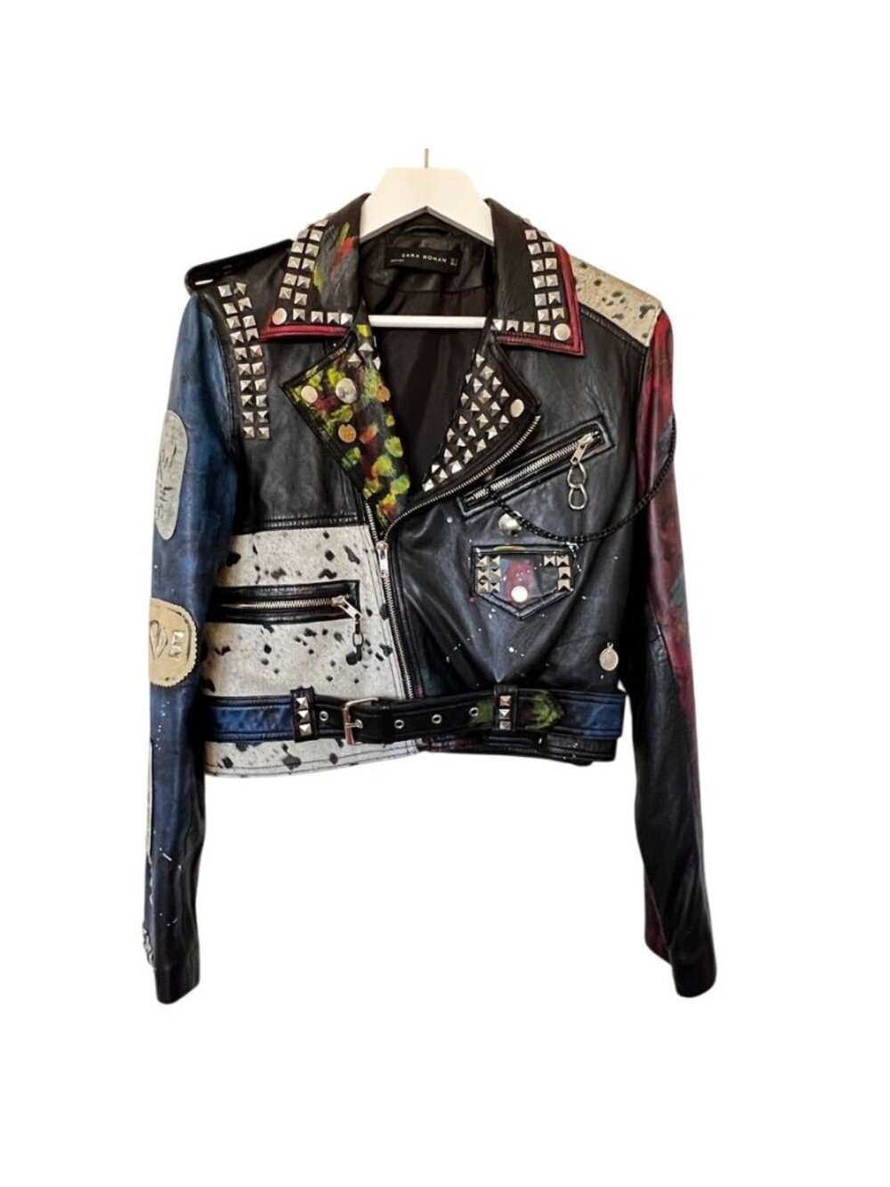 Zara Women M Ltd Edition Leather Battle Jacket Moto Studded Patchwork Cropped - Picture 1 of 16